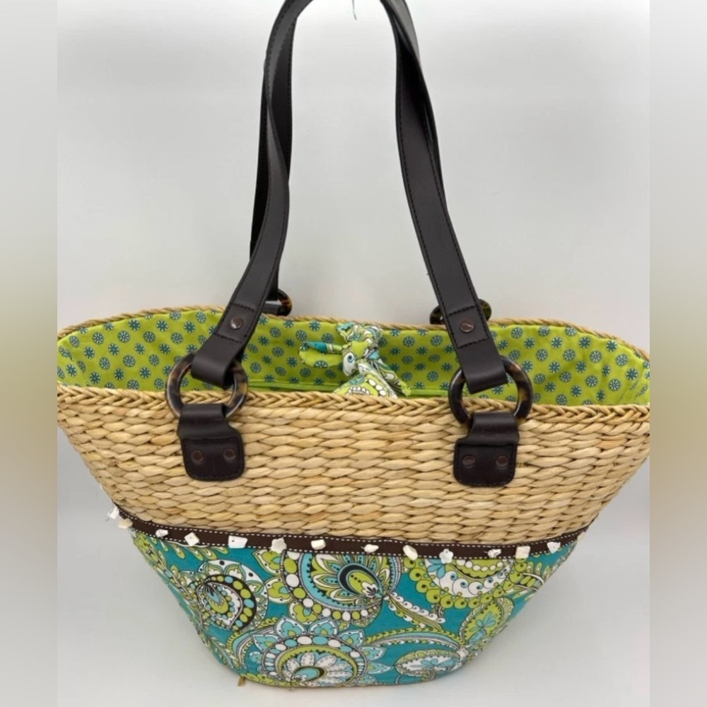 VERA BRADLEY Peacock Beach Cruise Tote Teal Print Women's Purse Handbag Straw